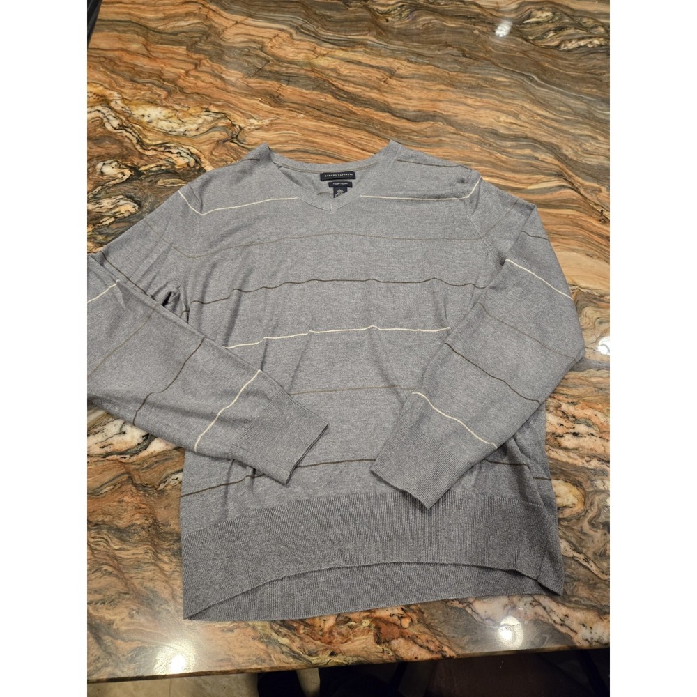 Banana Republic Sweater Mens's Large Gray Striped Silk Cashmere Blend V-Neck